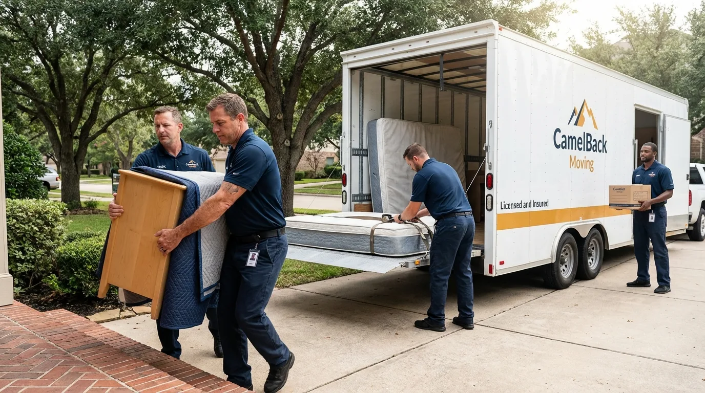 Crew loading residential truck for cross-state move from Meridian, ID
