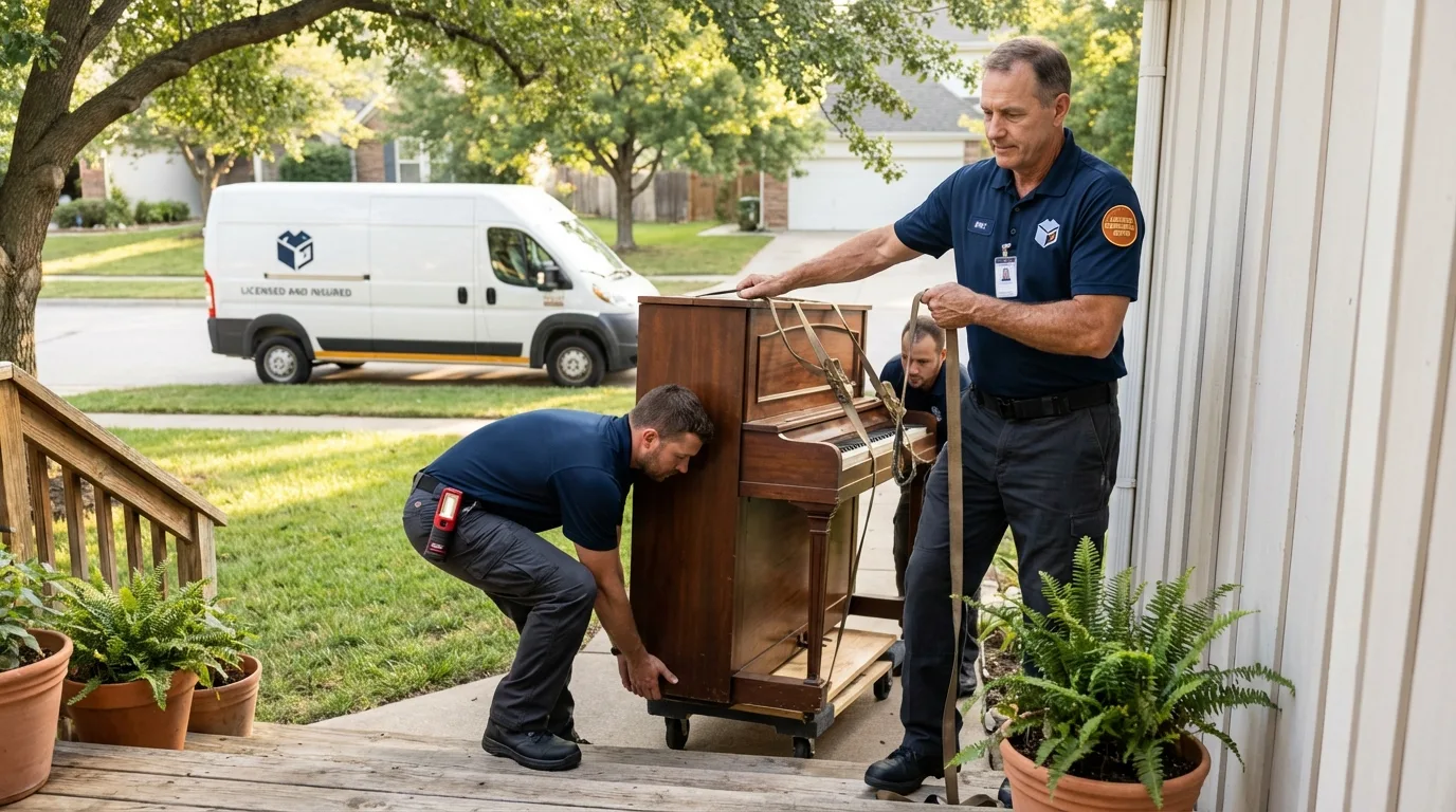 Licensed piano movers securing grand piano in Meridian, ID