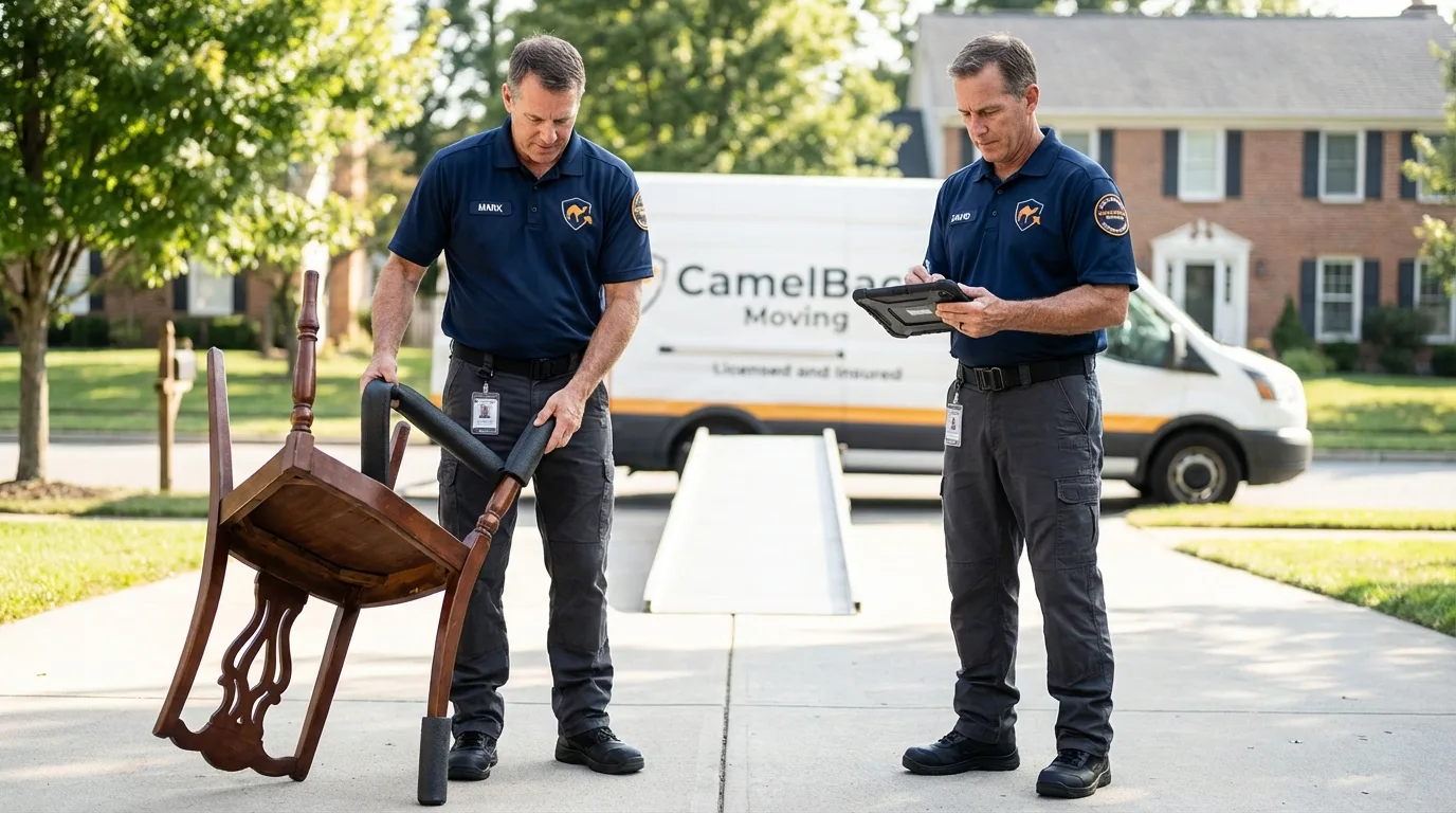 Movers inspecting furniture for damage prevention before loading in Meridian, ID