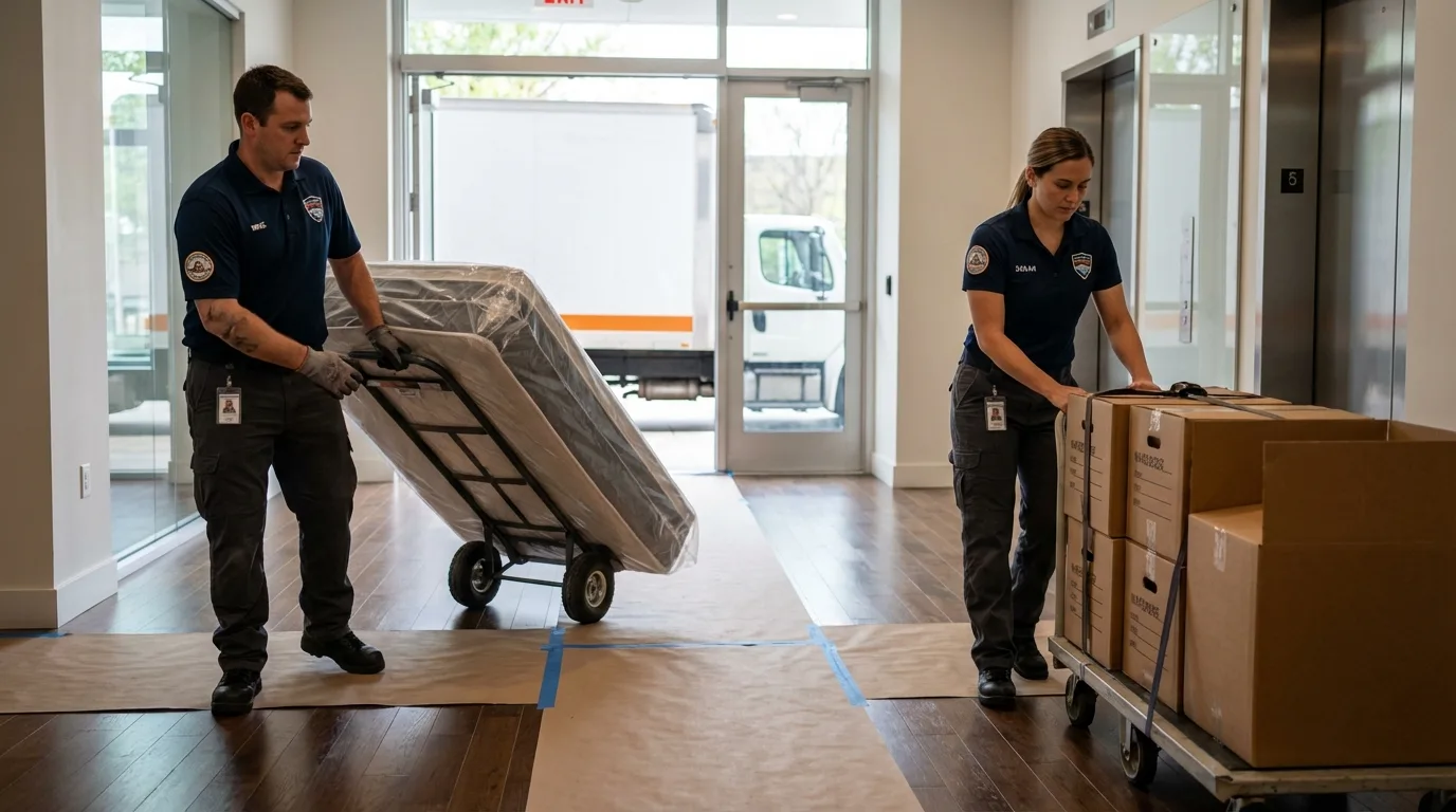 Professional apartment movers loading elevator in Meridian, ID